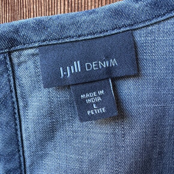 J Jill Denim Blue Boho Embroidered Dress Shift 3/4 Sleeve V-Neck - Petite Large - Picture 3 of 13